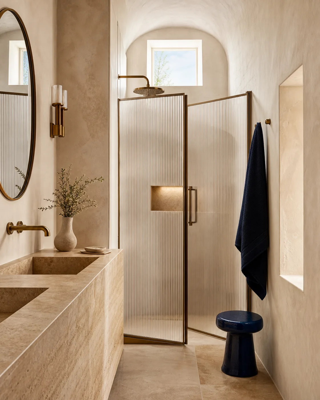 Concept di un bagno contemporaneo in pietra e vetro rigato